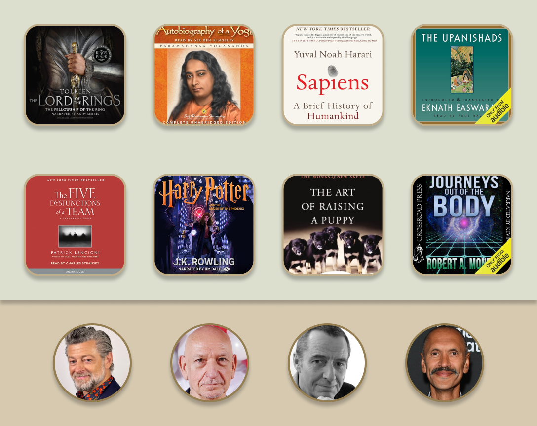 A grid of audiobook covers along with the headshots of favorite audiobook narrators